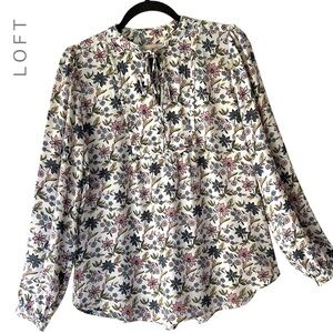 LOFT | NWOT LONG SLEEVE FLORAL BOHO SPLIT NECK TIE TOP BLUE & PINK | SMALL